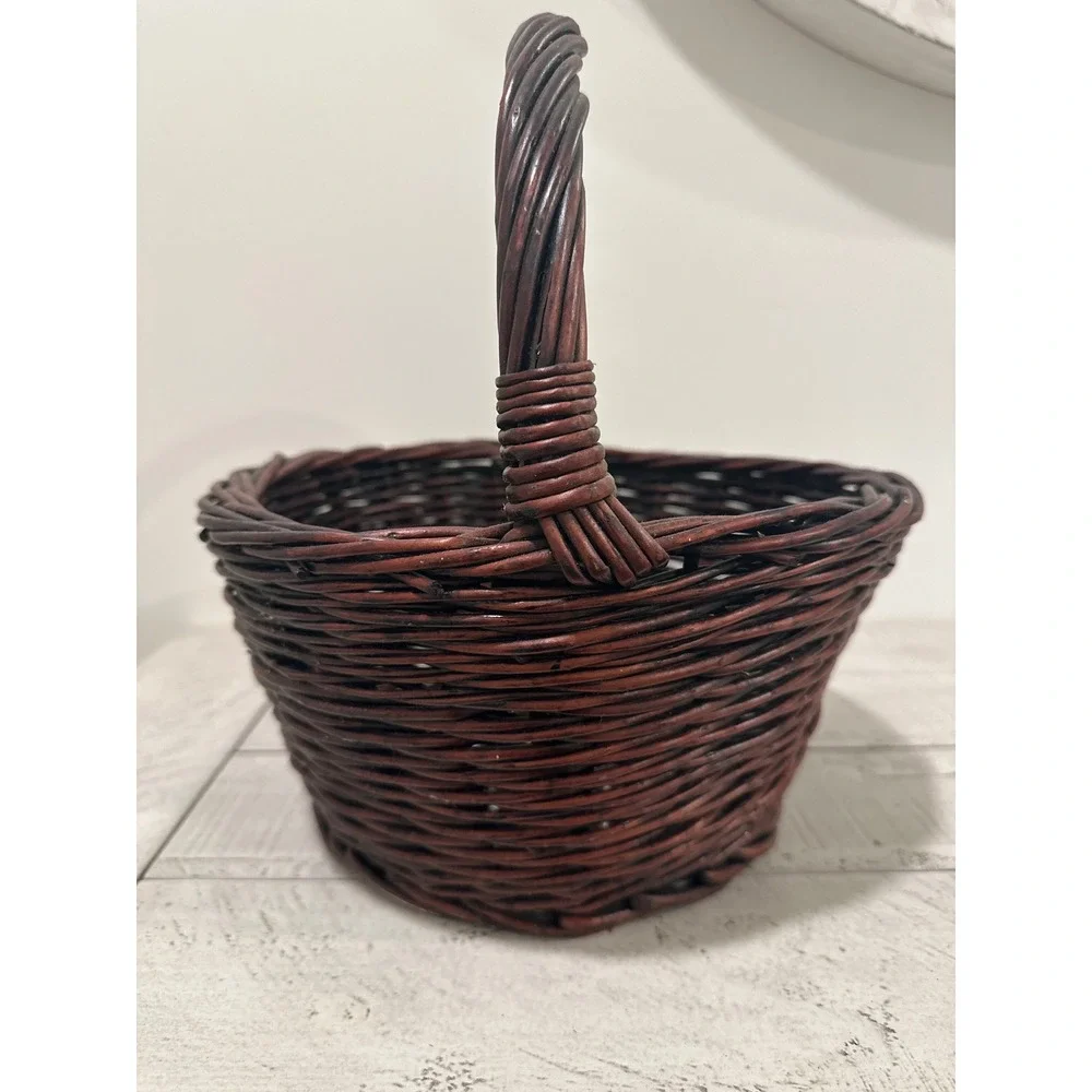 Dark Brown Woven Wicker Basket with Twisted Handle Round Decorative Storage